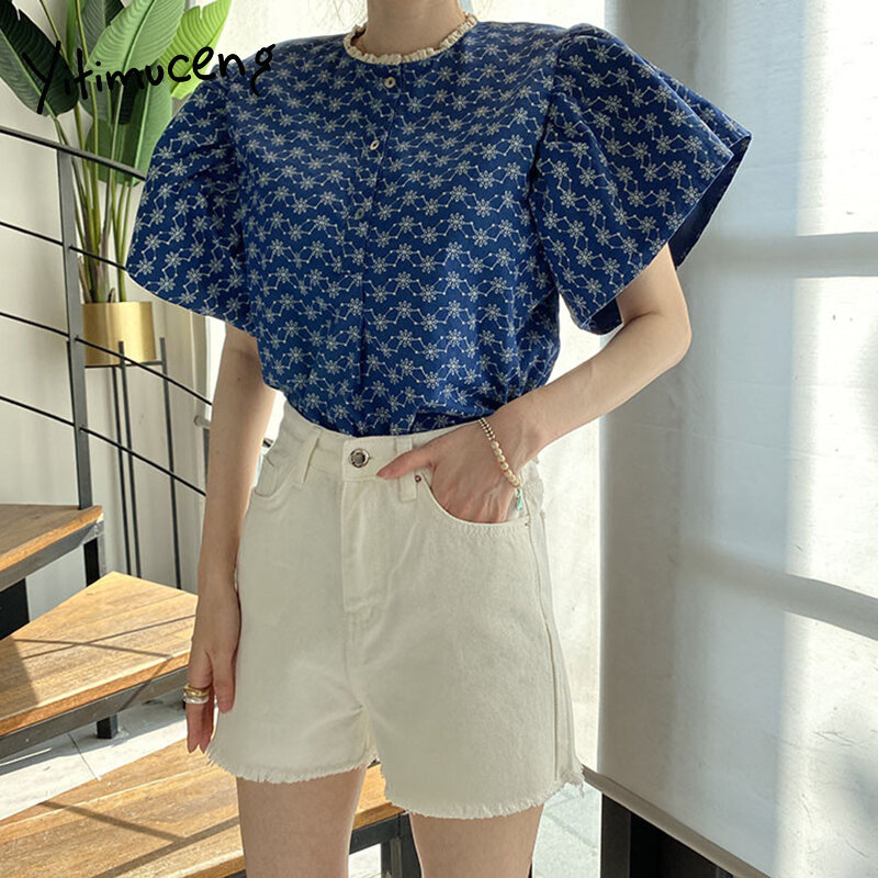 Yitimuceng kwiecista bluzka kobiety koszule Oversized koreański moda latający rękaw urząd Lady jasnoniebieski ciemny niebieski top 2021 lato