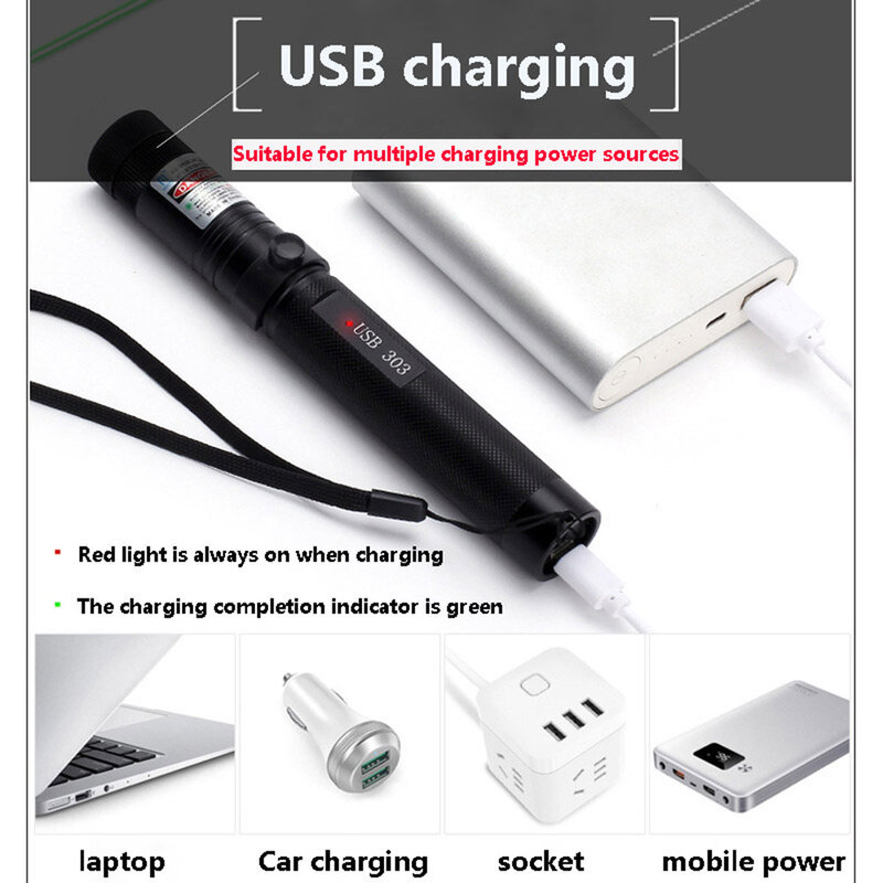 Puntatore Laser verde USB potente ad alta potenza batteria integrata mirino Laser rosso 5mw Laser Lazer con messa a fuoco regolabile 303 penna che brucia partita