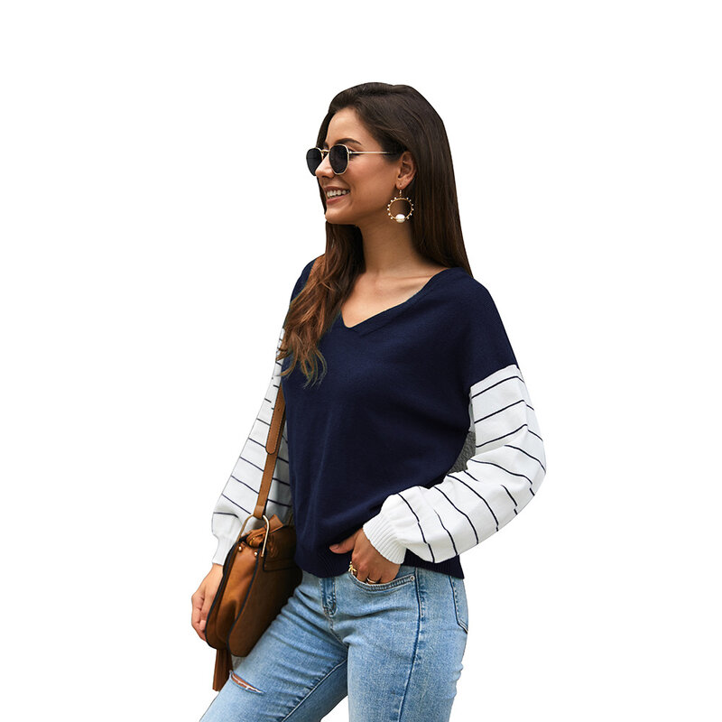 Camisola feminina solta streetwear malhas listrado retalhos pullovers v pescoço 2020 outono inverno v pescoço de malha pulôver