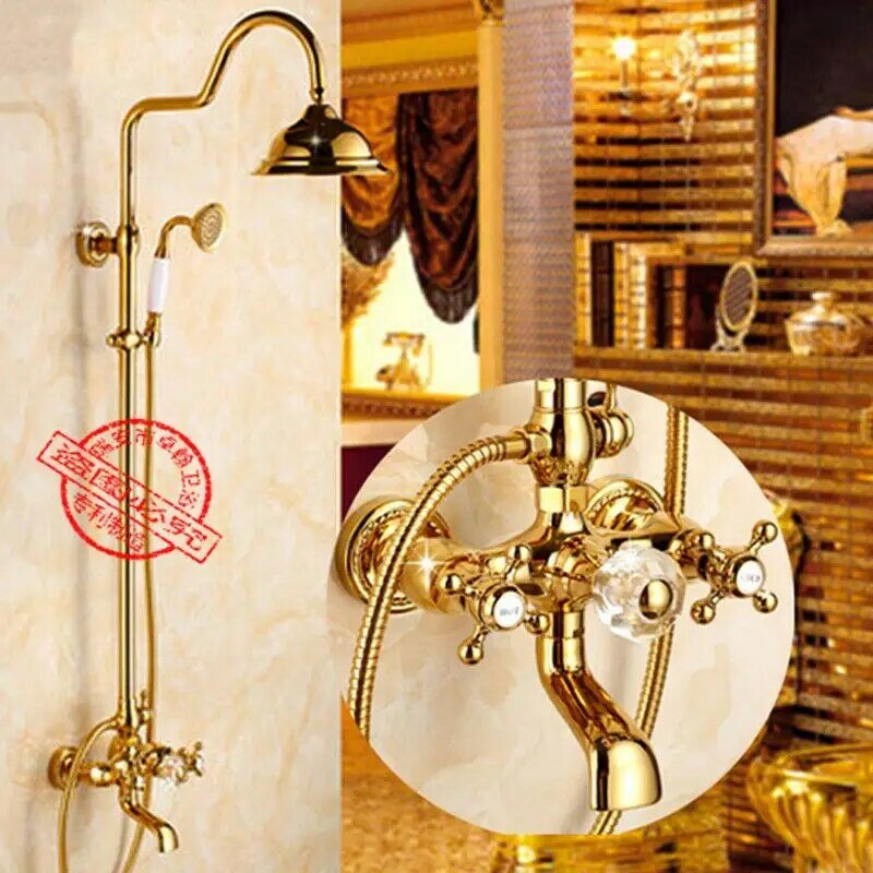 Antyczne złoto mosiężny kran łazienka prysznic garnitur europejski deszcz głowy retro ściana prysznic do montażu zestaw mosiądz zestaw akcesoriów łazienkowych