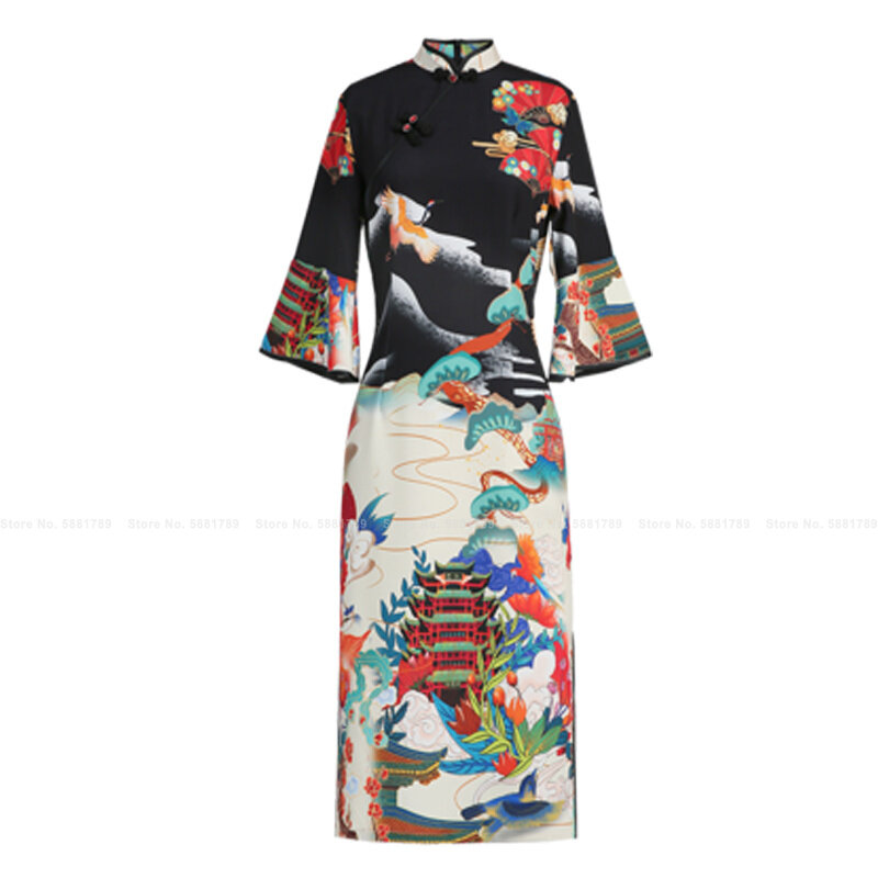 Chinese Style Cheongsam Fashion Elegant Women Retro Qipao Dress Lady Party Vintage Vestidos Print Traditional Oriental Clothing