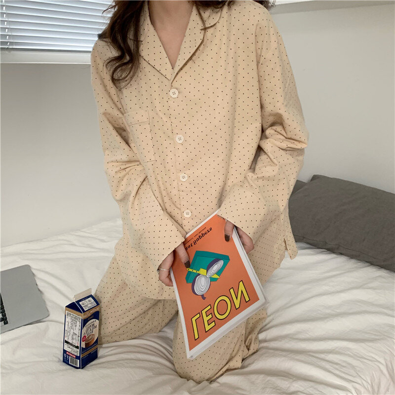 Pijama de algodón de lunares para mujer, traje de manga larga para otoño e invierno, se puede usar en exteriores, ropa coreana para el hogar