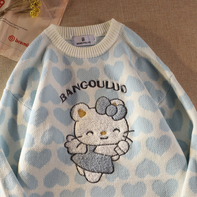 Otoño nuevo gato de dibujos animados 3D suéter bordado para mujeres de moda de gran tamaño Harajuku adorables largo Jersey manga Свитер с рисунком