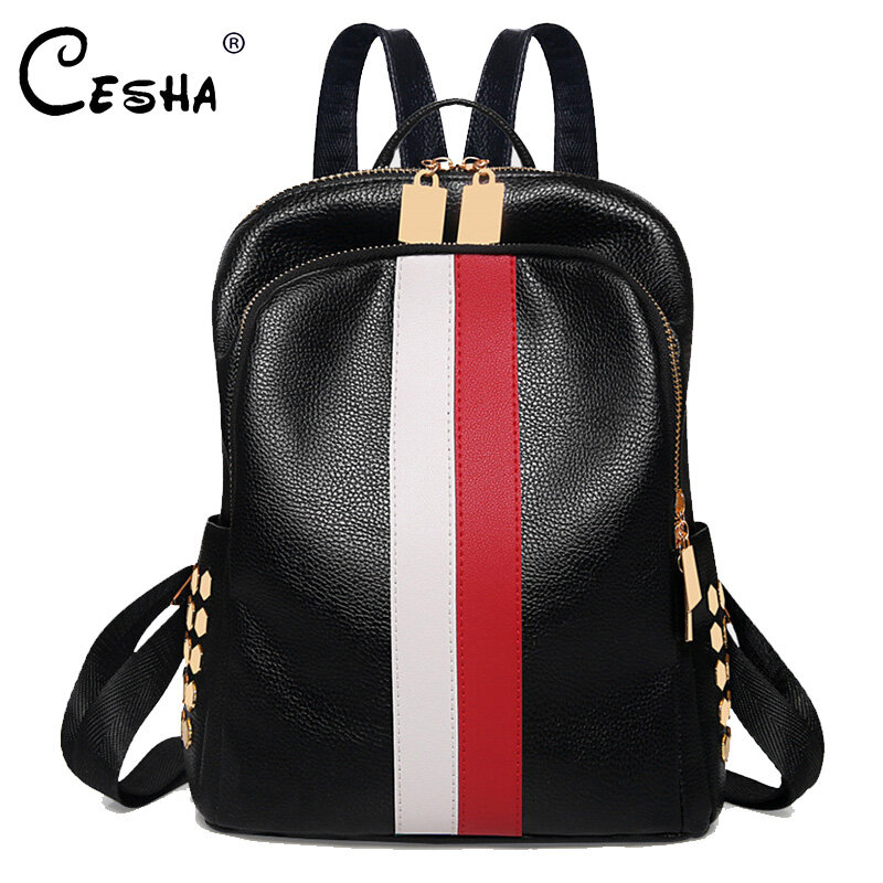 CESHA Fashion Double Striped Color Design Women Backpack High Quality PU Leather School Backpack Book Backpack Satchel Sac