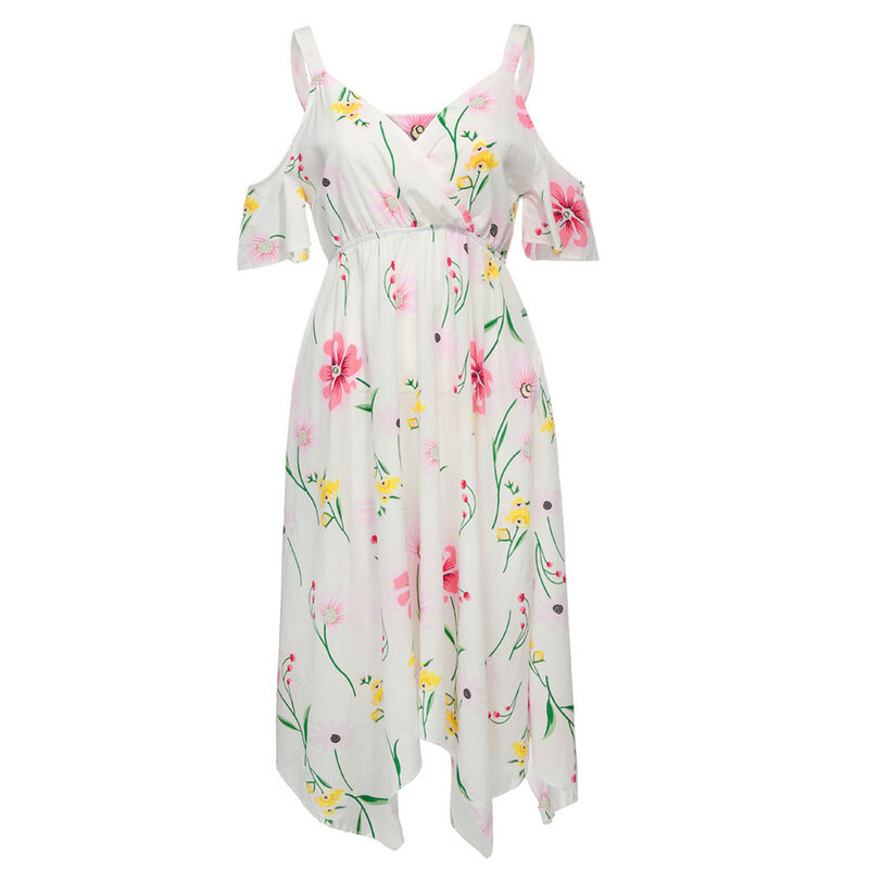 Plus size moda feminina floral impresso manga curta decote em v frio shouder bohemia vestido novo tamanho grande casual vestidos de praia
