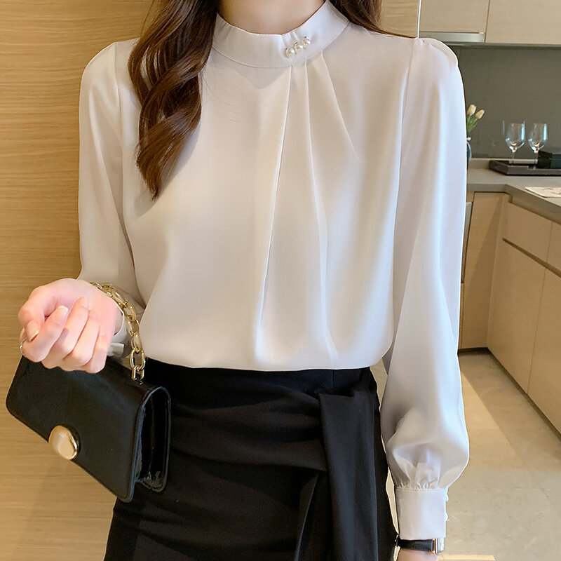 Fashion Satin Beaded Women's Shirts blouses Elegant Chiffon Long-sleeved Shirt Solid Buttons Stand-up Collar Blouse Ladies Tops