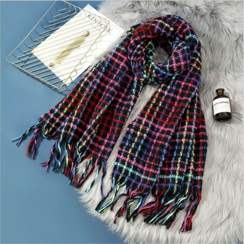 Women Plaid Scarves with Tassels Ladies Girls Warm Winter Scarves Capes Cashmere Shawls Female Woven Rainbow Scarf Blanket Wraps