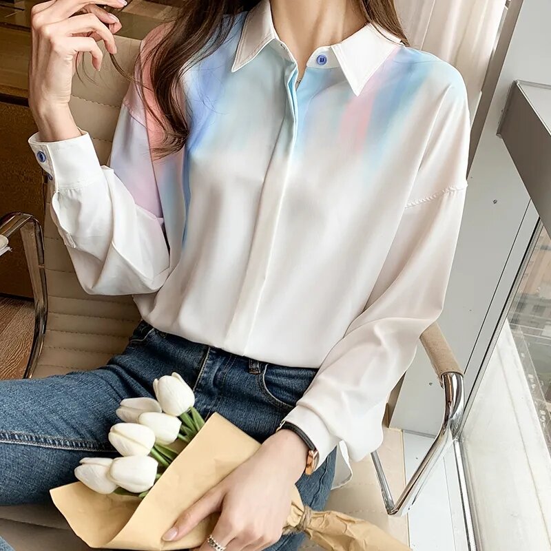 Camisa feminina chamativa de arco-íris, camisa casual de manga comprida com estampa de tinta para mulheres, 2021