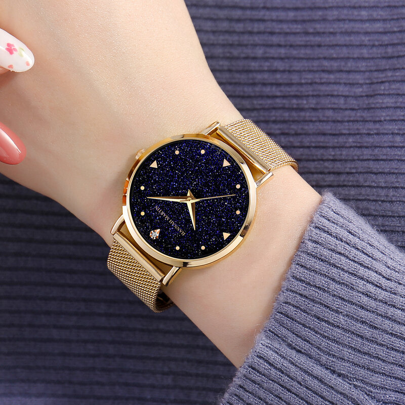 Fasion relógio de quartzo movimento japonês feminino, à prova d'água dourado simples relógio céu estrelas cheio piscando diamante fmasculino relógios tendência xk36