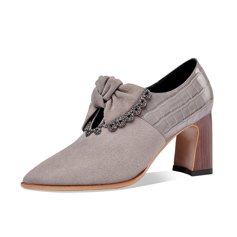 Zapatos de tacón con pajarita para mujer, calzado de gamuza, de retales, de tacón alto, para primavera y boda, 2020