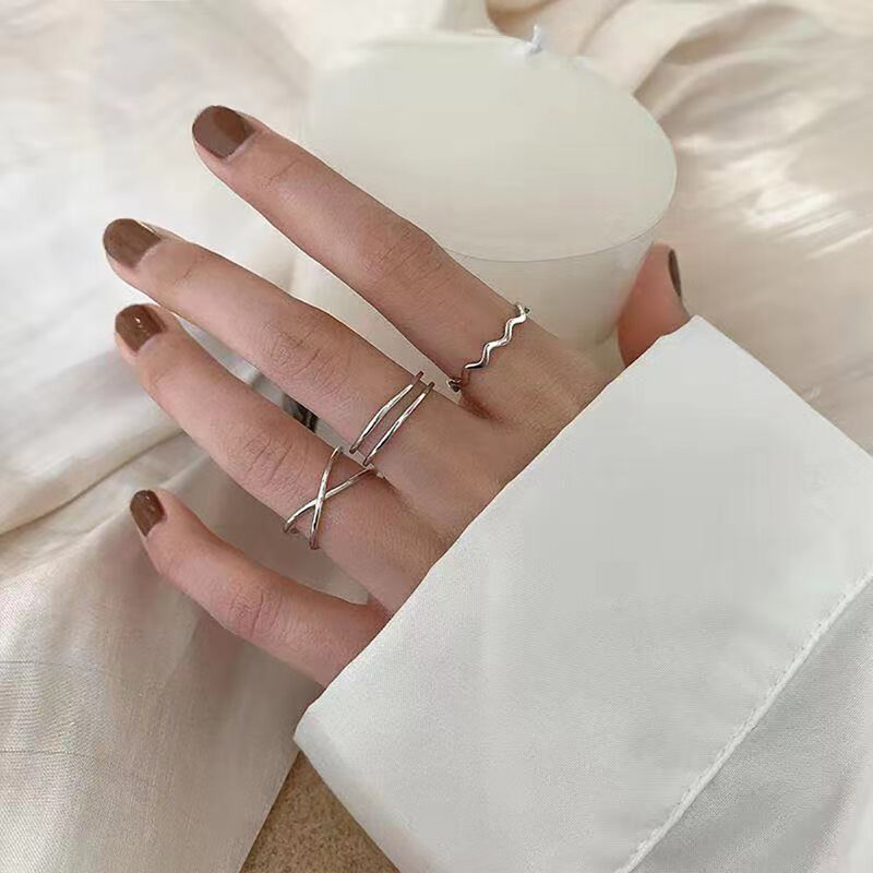 3Pcs/Set New Creative Design Metal Parallel Cross Wave Open Ring Female Korean Version of The Student Simple Ring Jewelry Gift