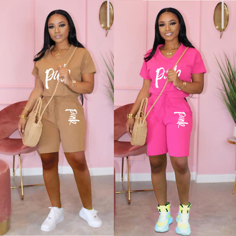 Conjunto de ropa informal de verano 2020 con estampado de letra rosa, camisetas de calle para mujer y pantalones cortos a rayas con cordón, traje de 2 uds