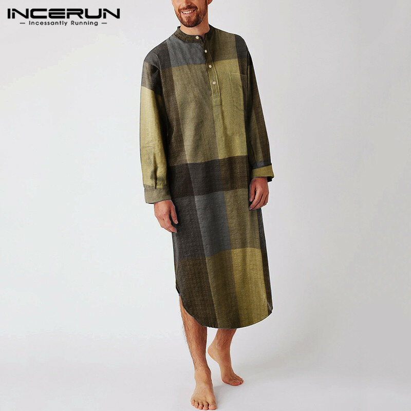 INCERUN Fashion Plaid Sleep Robes Mens Long Sleeve O Neck Nightwear Loose Cotton Pockets Nightgown Cozy Buttons Sleepwear S-5XL