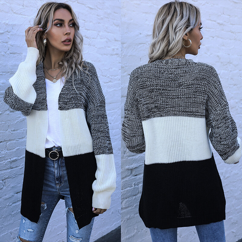 Medium length knitted cardigan sweater women's new loose V-neck color matching coat in autumn and winter