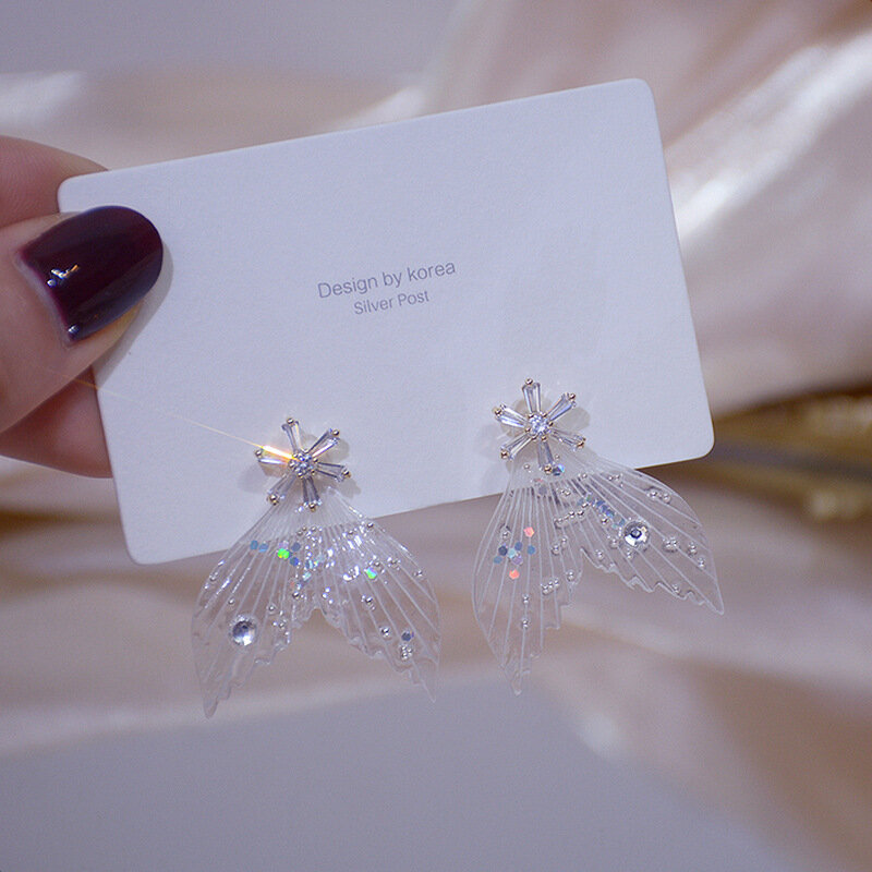 S925 argento ago cristallo fiore colorato coda di pesce orecchini per le donne paillettes acriliche gioielli romantici di moda per ragazze
