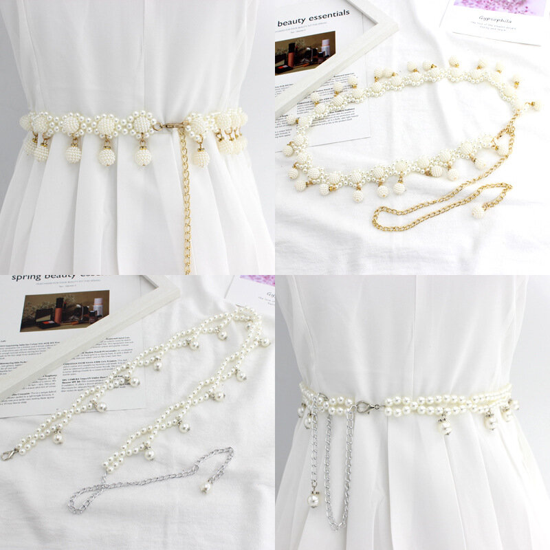 Elegante cinturón de perlas para mujer, cinturón de cadena de perlas para vestido de mujer, cinturones de correa de cristal para mujer