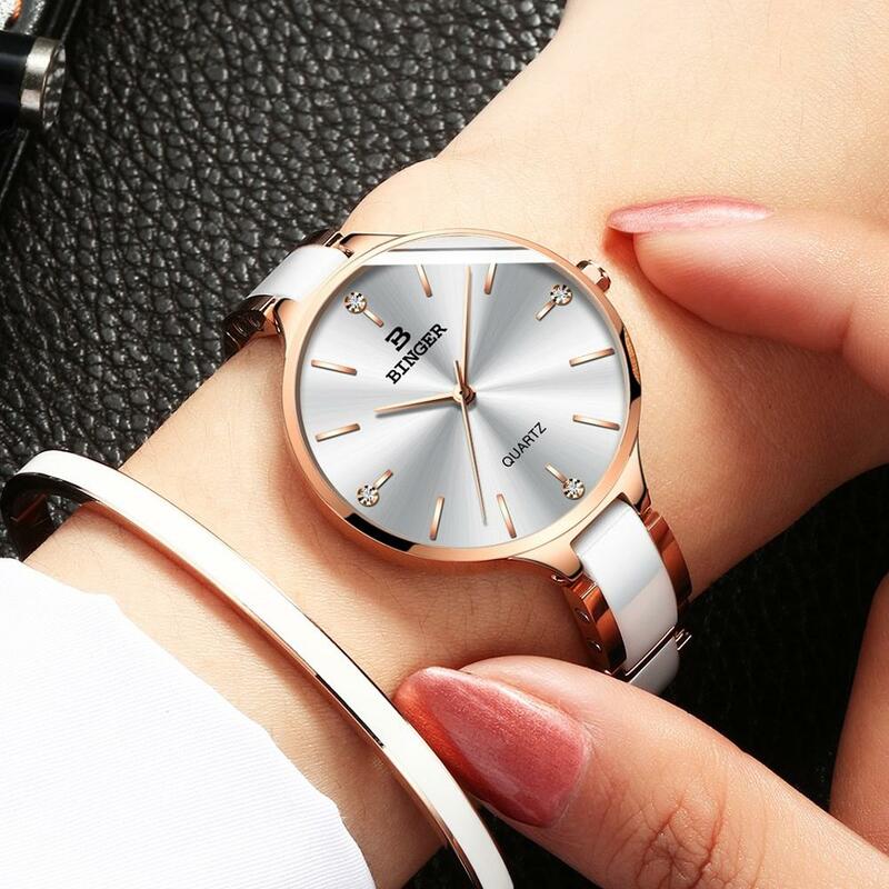 Suíça binger relógio de luxo feminino marca moda pulseira relógios senhoras cinta cerâmica relógios de pulso feminino relogio feminino