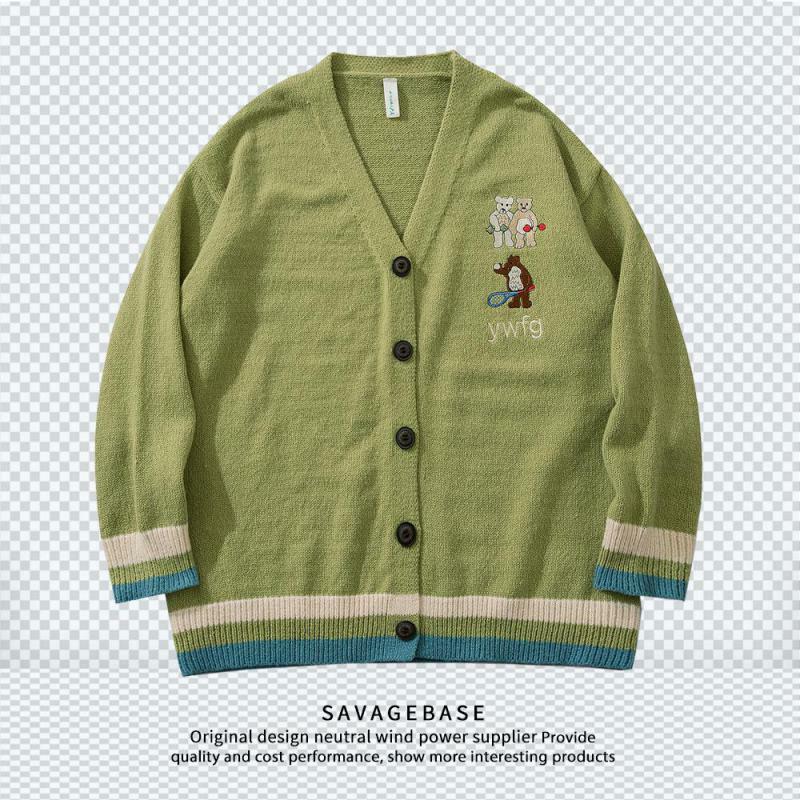2021 Autumn And Winter Lazy Bear Embroidery Avocado Green Knitted Sweater High Quality Men And Women All-match V-neck Cardigan