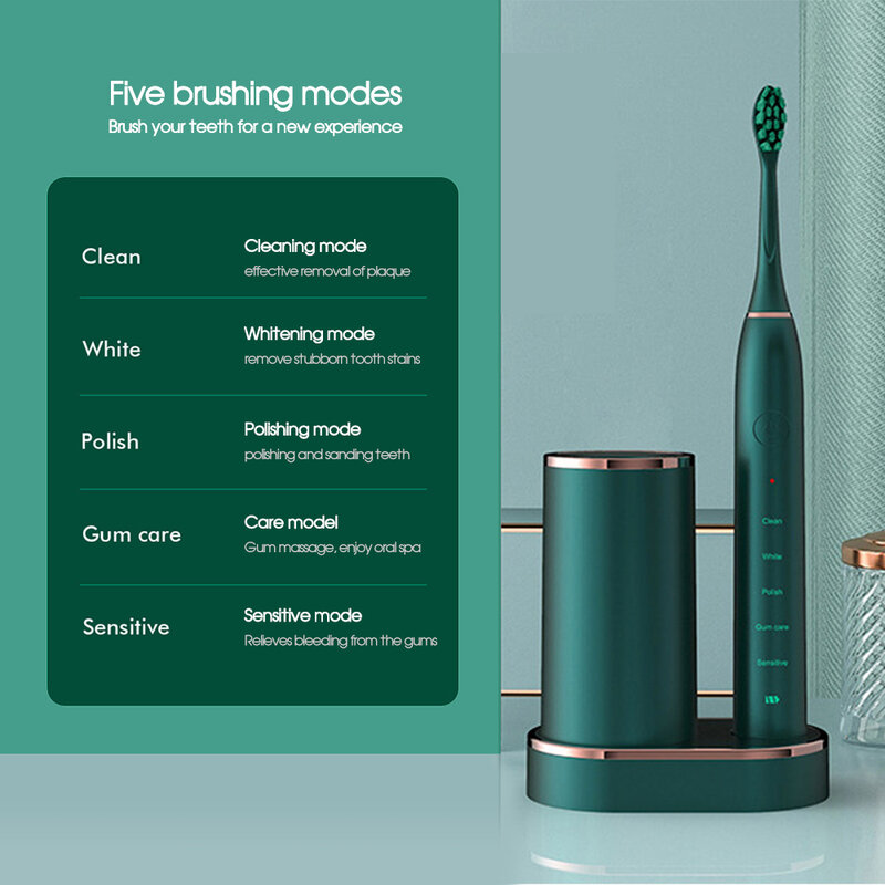 [Boi] 5 Modes Usb Oplaadbare Inductieve Lading Smart Sonic Elektrische Tandenborstel Voor Volwassen Uv Desinfecteren Base 8 Tanden opzetborstels