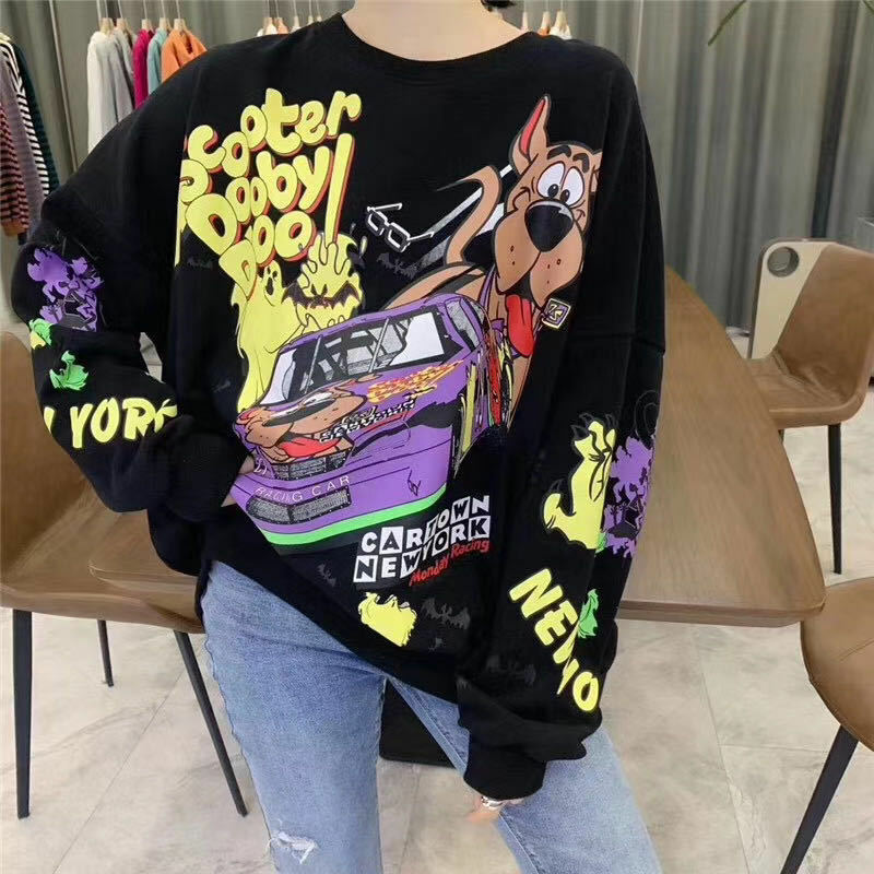 Women Hoodies Autumn 2021 Funny Cartoon Car & Dog Print Sweatshirt Oversized Streetwear Sweatshirts Hip Hop Cool Pullover Tops