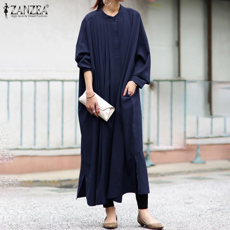 ZANZEA-camisas de manga larga para mujer, Blusa femenina de estilo Vintage, informal, lisa, con horquilla dividida, talla grande, 2022