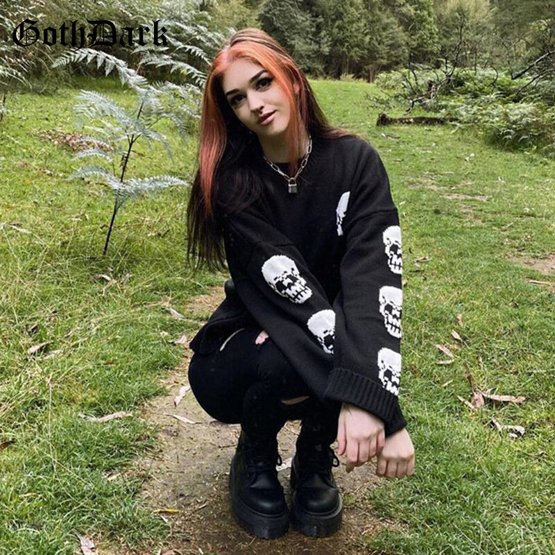 Goth Dark Gothic Kintted Black Sweaters Punk Long Sleeve Loose Crewneck Pullovers Women Fall Winter Streetwear 2020 Mall Goth