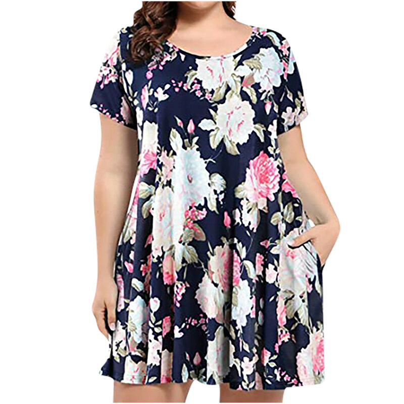 فستان سهرة نسائي صيفي مطبوع عليه زهور برقبة دائرية مقاس كبير مناسب للحفلات والسهرات