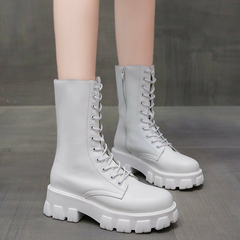 2020 Spring Women White Boots Autumn Fashion Black Leather Platform Gothic Boots Punk Combat Mid-Calf Boots for Women