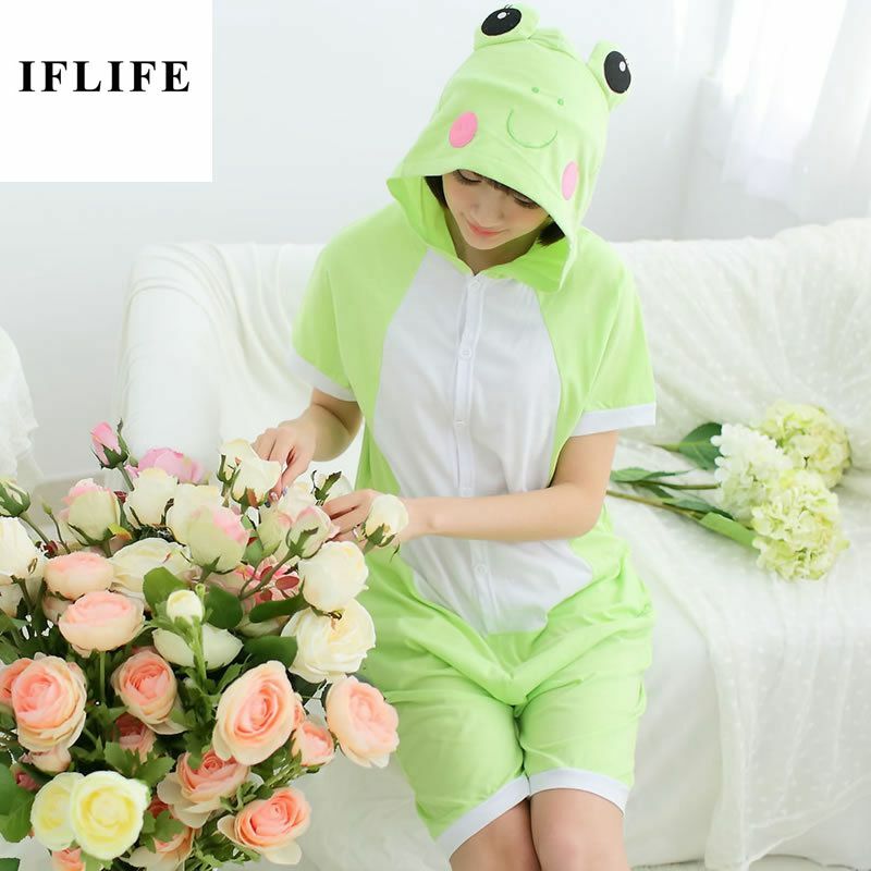 Cotton Cartoon Kigurumi Tiger Panda Dinosaur Pajamas Summer Short Sleeve Hooded Onesie Adult Women Men Animal Cosplay Sleepwear