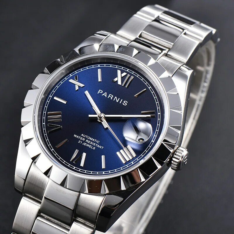 Novo parnis mostrador azul escala romana mecânica automática dos homens relógio de prata aço inoxidável pulseira relógios masculinos moda masculina