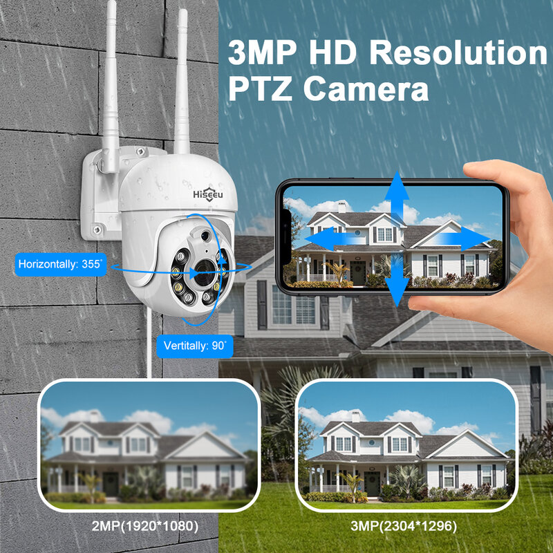 Hiseeu-屋外wifiカメラ3mp,5xデジタルズーム,1080Pオーディオ,cctv,自動追跡,人間検出