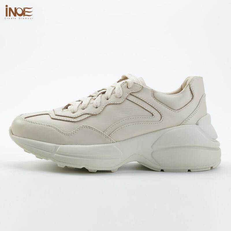 INOE New Fashion Spring Genuine Cow Leather Women Casual Sneakers Shoes Autumn Flats Girls for Walking Shoes Lace Up Rubble Sole