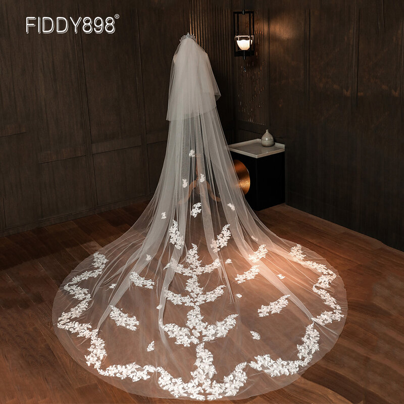 2 camadas elegante noiva véu de casamento longo 2020 apliques rendas véus de noiva com pente acessórios casamento voile mariage