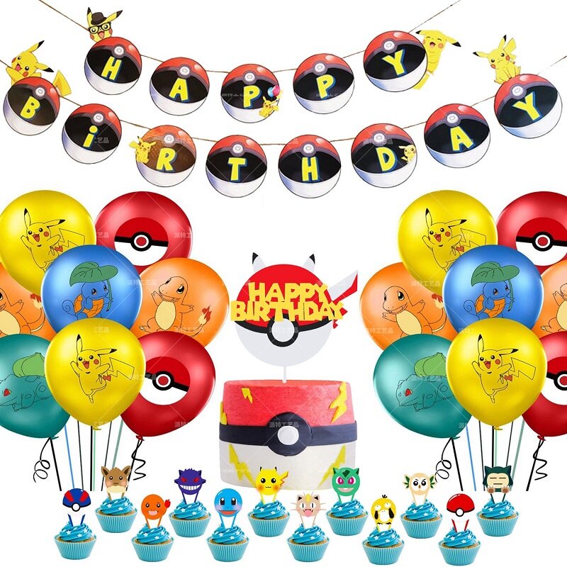 Decoración Para fiesta de cumpleaños de Pokémon, vajilla temática de Squirtle Bulbasaur Charmander Vulpix Eevee, plato, taza, Topper para pastel, Juguetes