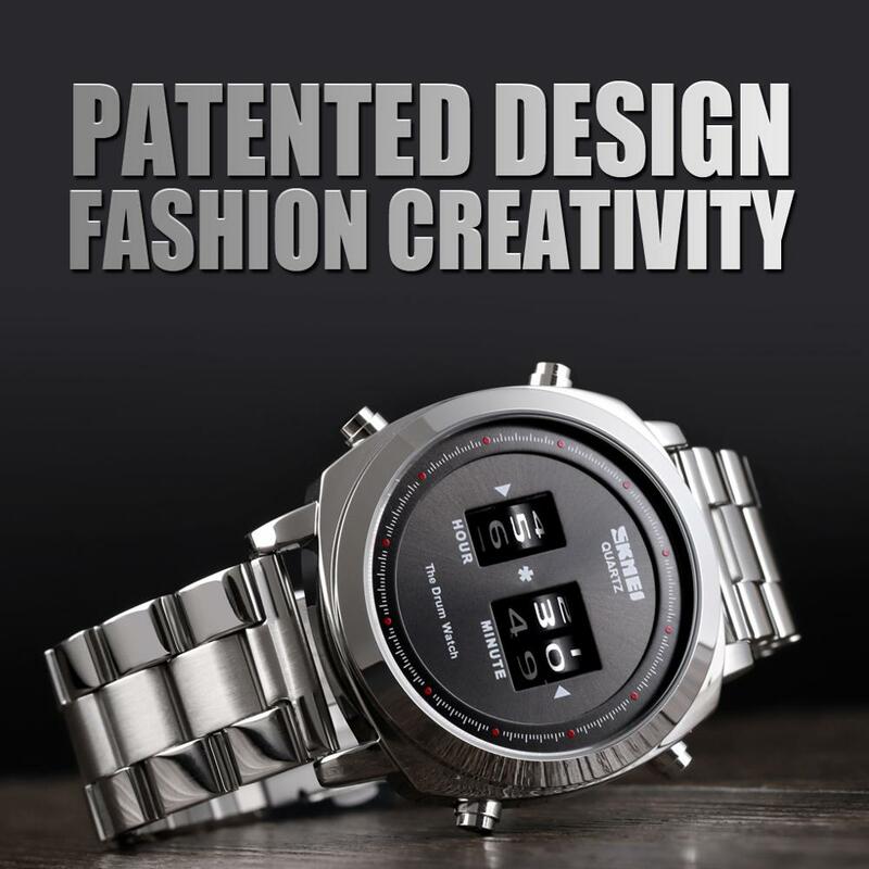 SKMEI Модные кварцевые наручные часы водонепроницаемые простые барабанные часы запатентованный дизайн мужские часы из нержавеющей стали ...