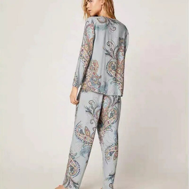Top verão elegante feminino pijamas conjunto viscose estilo palácio meticuloso sleepwear manga longa casual pijamas botão casa roupas