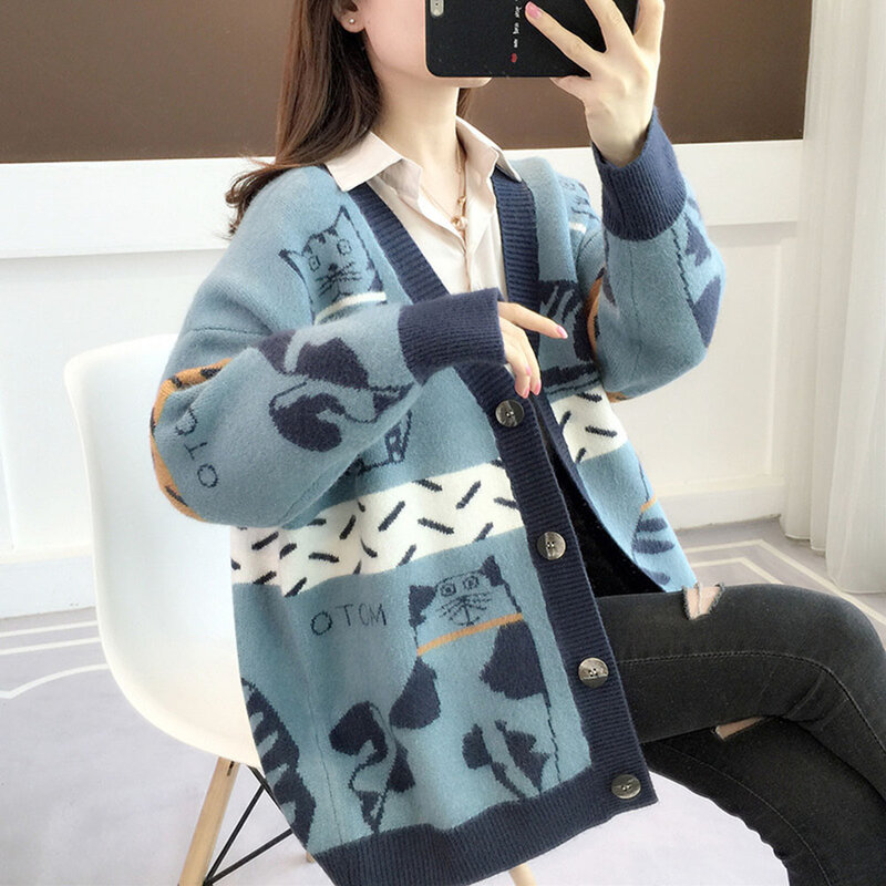 2021 Women's Autumn New Sweater Cardigan Fashion Girl Cute Trendy Style Long-sleeved V-neck Cat Cartoon Print Loose Warm Top