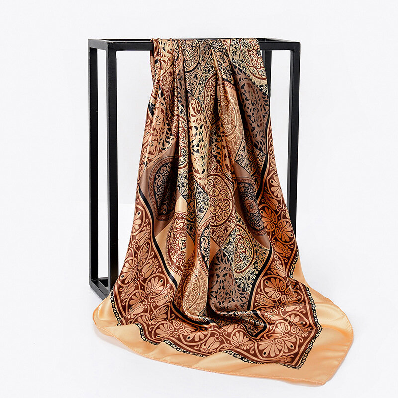 Foulard Hijab en soie et Satin pour femmes, 90x90cm, carré, imprimé feuilles