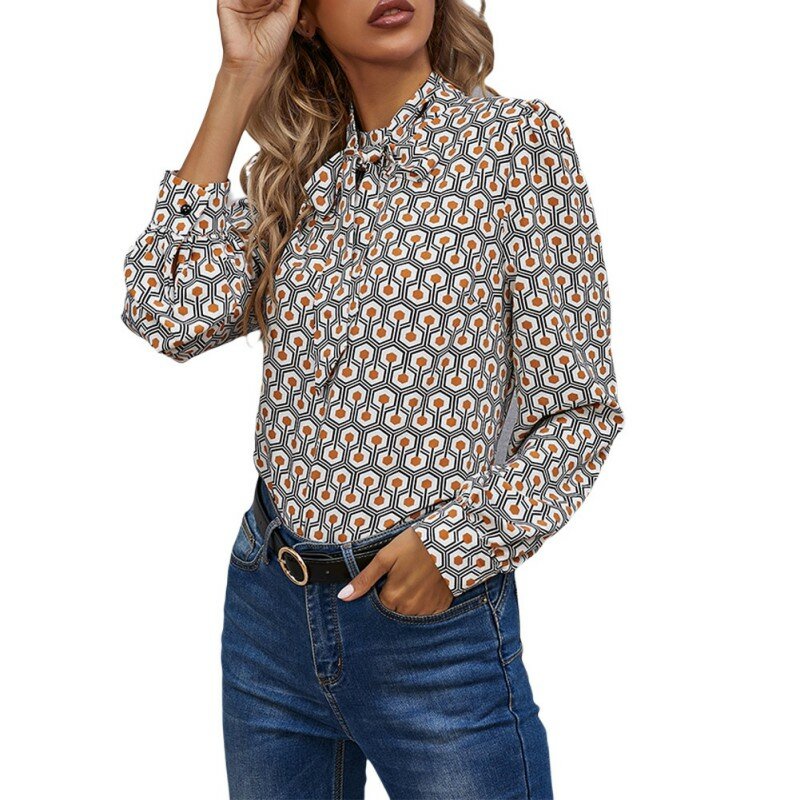 Efinny 2021 casual blusa de manga longa topo elegante gola borboleta impressão blusas femininas senhora do escritório blusas