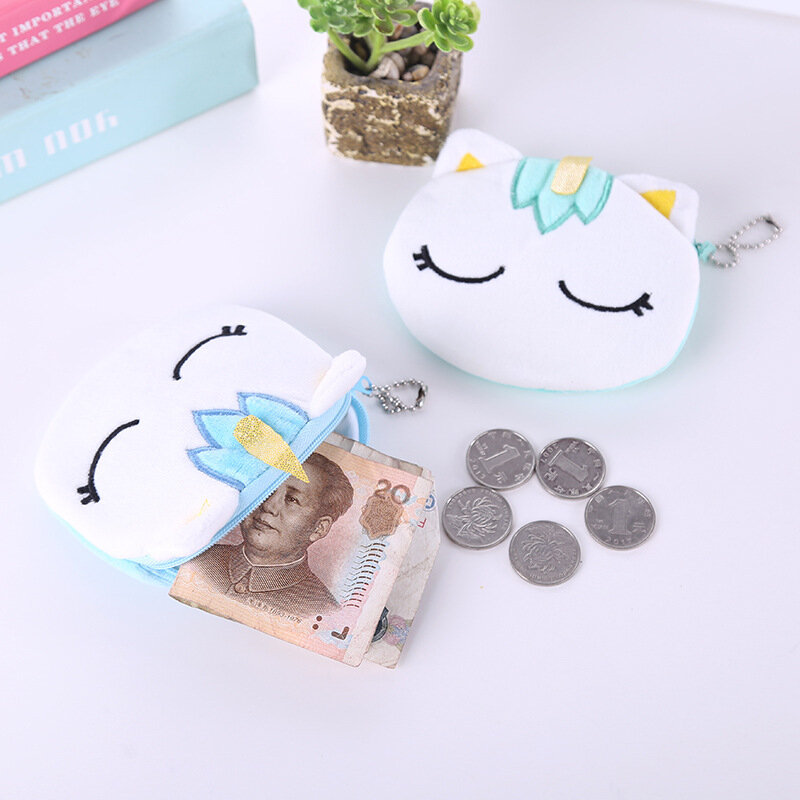 FUDEAM Soft Plush Cartoon Unicorn Women Coin Purse Mini Cute Oval Zipper Children Girl Coin Wallet Card USB Cable Bag Key Wallet