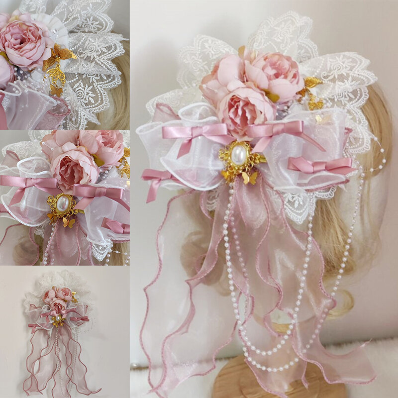 2021 Hot Sale Lolita Lace Pearl Hat Women Retro Net Yarn Tassel Hairpin Bow Flower Cosplay Tea Party Bonnet Hair Accessories