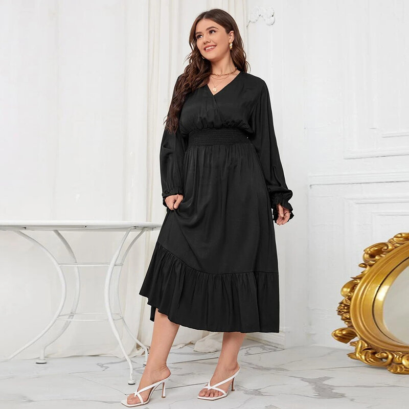 WXL Plus ขนาด4XL ชุดสตรีฤดูใบไม้ร่วง Chic Simple Elegant พัฟวินเทจสีดำสุภาพสตรี Streetwear V คอหญิงเสื้อผ้า