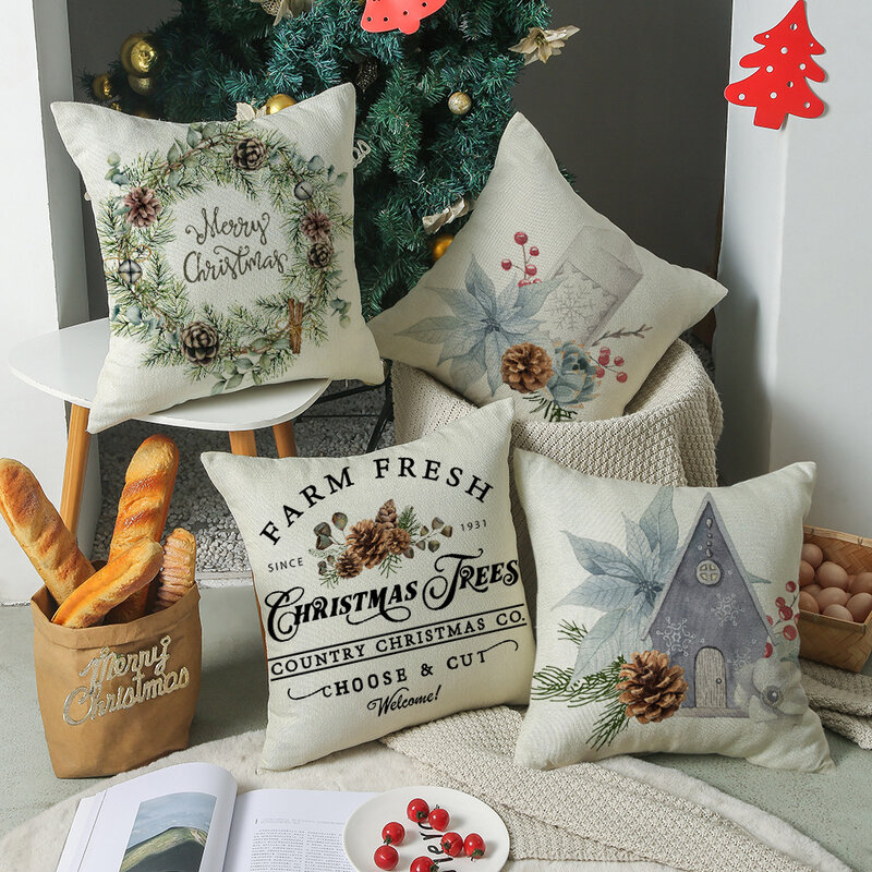 Funda de cojín de Navidad, cubierta de almohada de lino con estampado de pintura Simple de 18x18 pulgadas, decoraciones navideñas, vela, pájaro, flor
