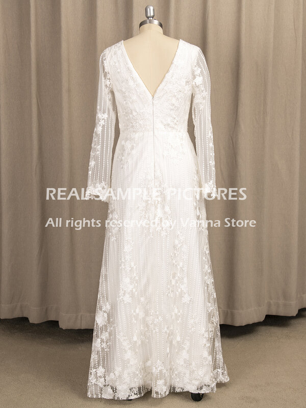 A Line V-Neck Lace Wedding Party Dresses REAL PHOTOS Long Sleeves Elegant Floor Length Custom Made Zipper Bridal Gown 4203#