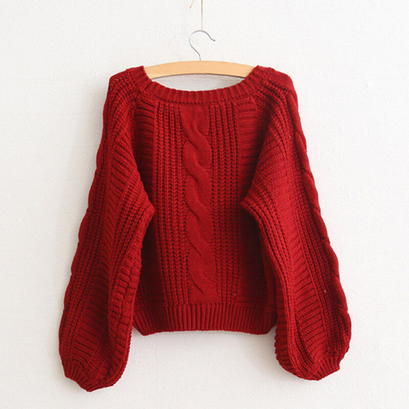 Женский короткий свитер с рукавами-фонариками, мягкий однотонный пуловер с разрезом, вязаный свитер, сезон осень-зима, D556