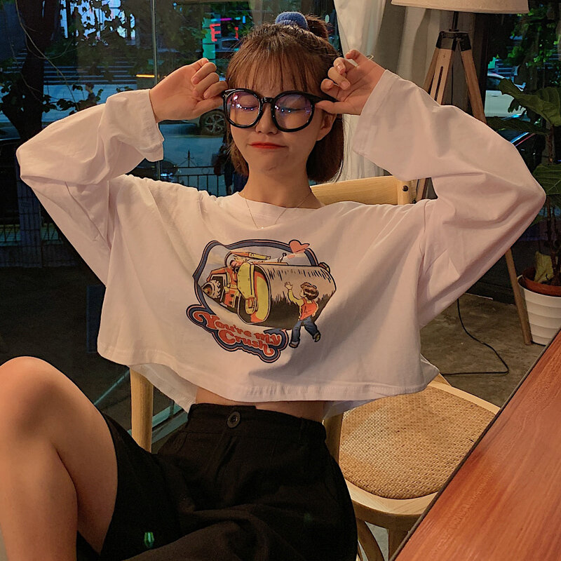 Camiseta de manga longa feminina, moda coreana 2019