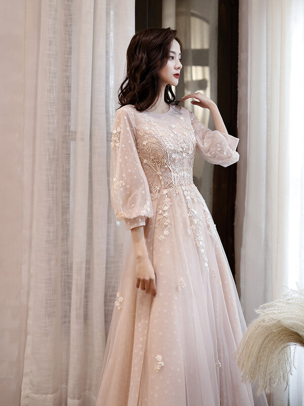 Gaun Malam Merah Muda 2020 Gaun Formal Bunga 3D Appliques Leher-o Ilusi Gaya Baru Gaun Prom Garis A Kontes Couture Couture