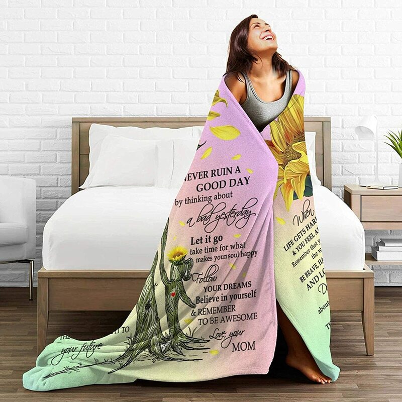 Selimut Huruf Cinta untuk Hadiah Putri Bunga Matahari dari Ibu Yang Sangat Lembut dan Hangat untuk Kursi Sofa Tempat Tidur Bantal Yang Dipersonalisasi