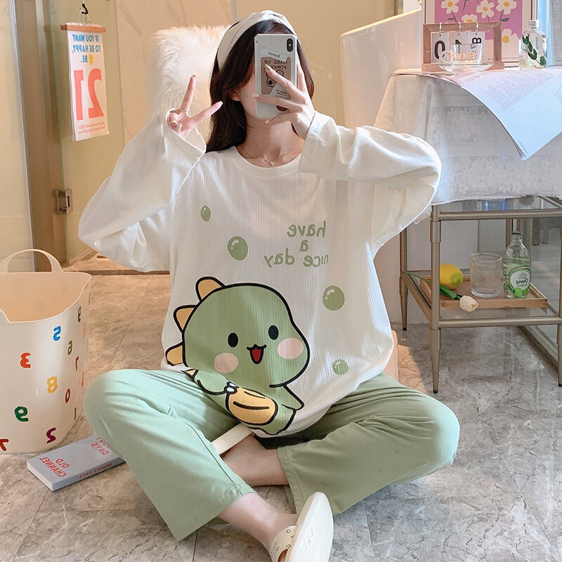 2021 New Style Pajamas Women's Spring and Autumn Long Sleeve Thin Pure Cotton Lovely Dinosaur Two-piece Suit Home Clothes Summer