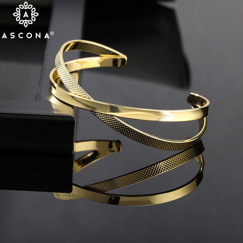Ascona แบรนด์อินเทรนด์กำไลข้อมือและกำไลข้อมือเปิด Cuff ออกแบบสร้อยข้อมือสแตนเลส Luxury Gold สีเครื่องปร...